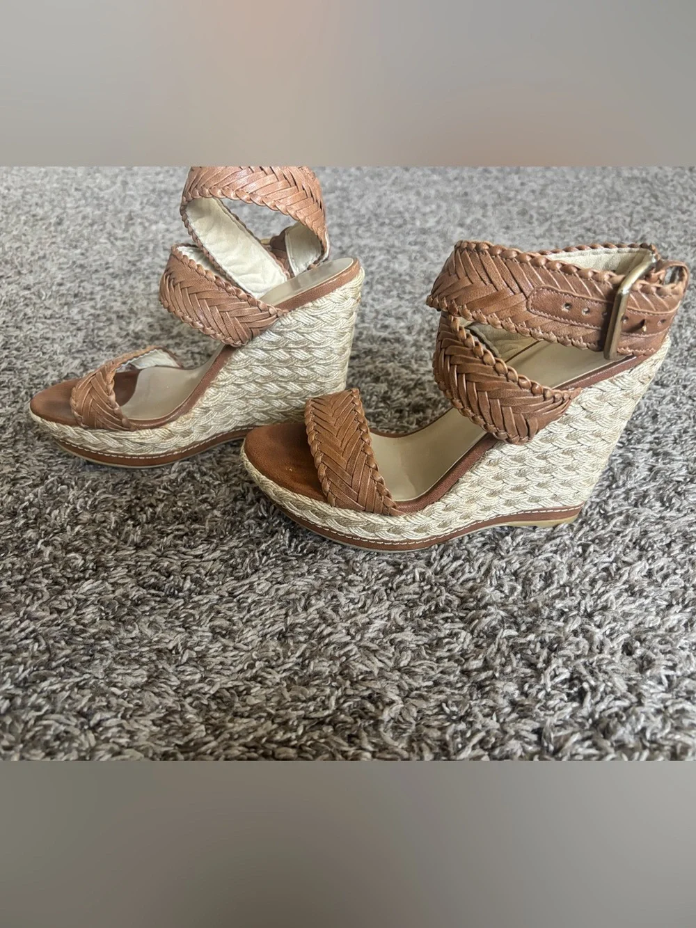 Stuart Weitzman Tan Braided Espadrille Wedge Sandals - Picture 2 of 8